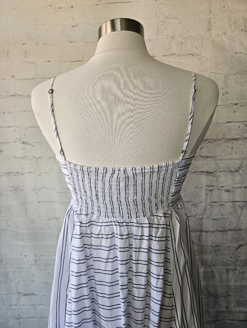 Free People Easy Breezy Midi Dress White Navy Blue Stripe Cotton Large - Picture 7 of 16